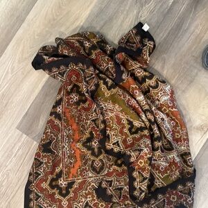 Vintage Wool Paisley Print Scarf in Black, Rust & Olive